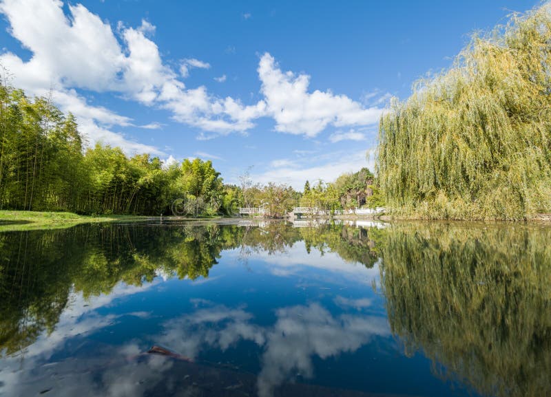 A Pond With Trees On The Shores Reflection Of Blue Sky With Clouds In