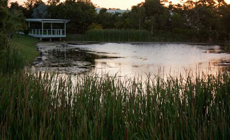 A pond and a white garden house in Queensland, Australia royalty free stock image A pond and a white garden house in Queensland, Australia royalty free stock image