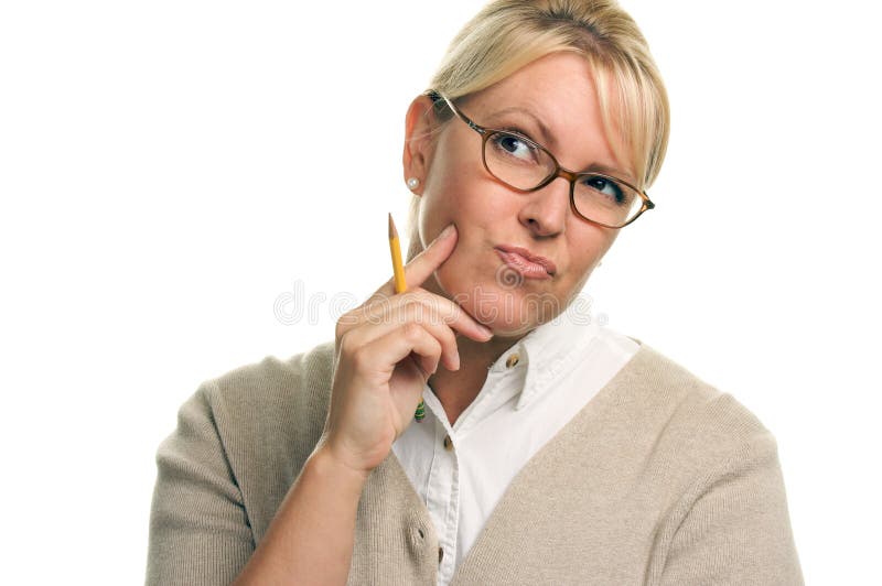 Pondering Beautiful Woman with Pencil