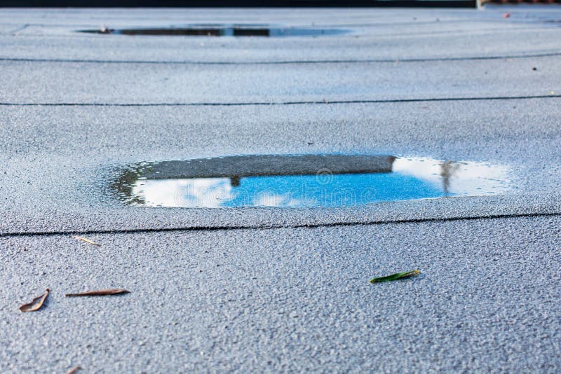 Ponding rainwater on flat roof after rain