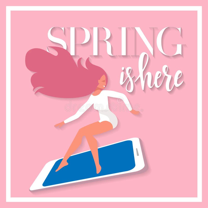 Poner letras a la primavera está aquí en tarjeta con la muchacha en el smartphone grande a toda prisa a saltar venta Bandera del ilustración del vector Poner letras a la primavera está aquí en tarjeta con la muchacha en el smartphone grande a toda prisa a saltar venta Bandera del ilustración del vector
