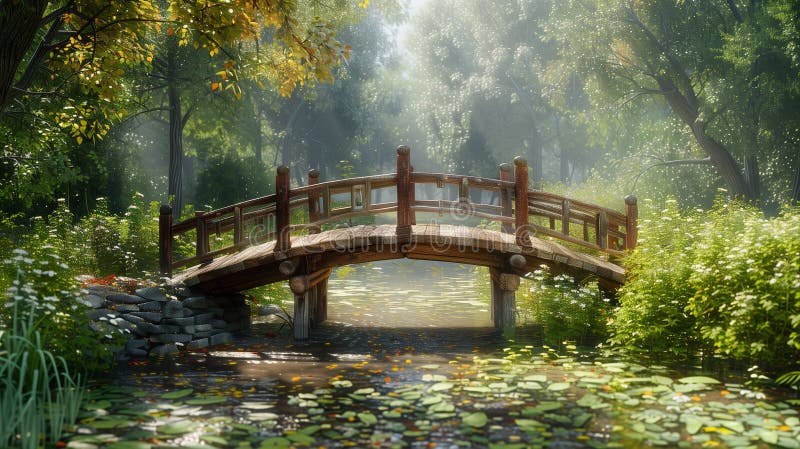 Pont de bois enchanté dans le jardin brumeux illustration de vecteur