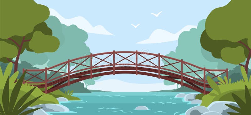Pont de bois rustique traversant la rivière. nature pittoresque paysage feuillus arbres verts tourisme et voyage illustration stock