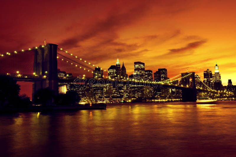 Pont De Brooklyn Et Manhattan Au Coucher Du Soleil New York