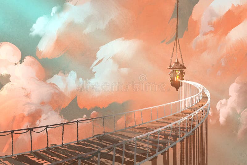 Pont de corde menant à la lanterne accrochante dans des nuages illustration de vecteur