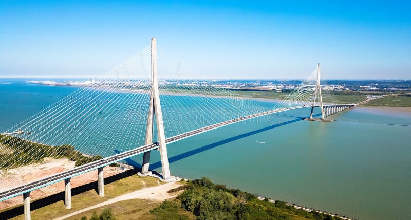 Aerial view, Pont de Normandie, bridge crossing river Seine in France