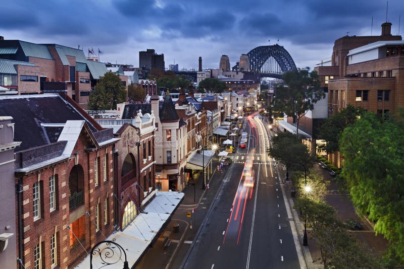 Pont de Sydney The Rocks de coucher du soleil supérieur photos libres de droits Pont de Sydney The Rocks de coucher du soleil supérieur photos libres de droits