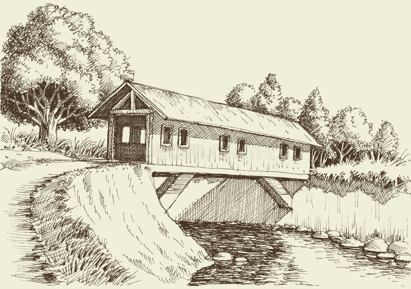 Pont en bois au-dessus de la rivière illustration libre de droits