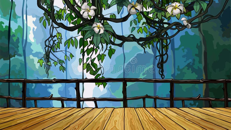 Pont en bois de bande dessinée dans la jungle avec des branches de plante grimpante illustration libre de droits