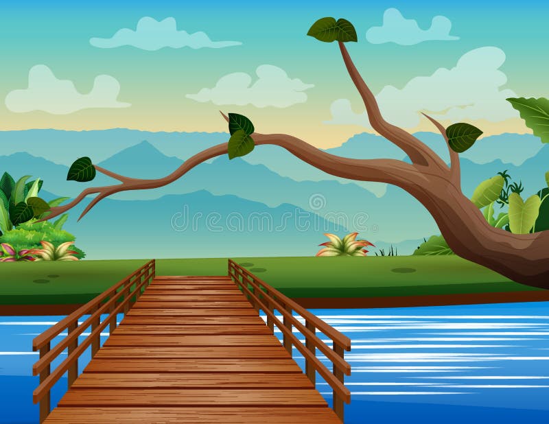 Pont en bois traversant le paysage fluvial illustration libre de droits