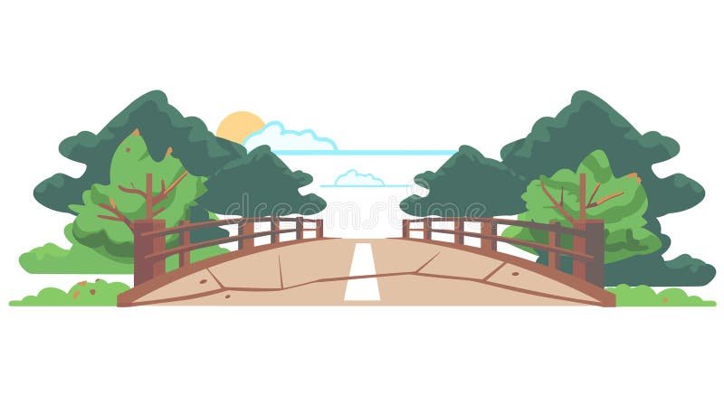 Pont en bois traversant le ruisseau entouré d'arbres verdoyants ciel ensoleillé au-dessus. conception à plat illustration stock