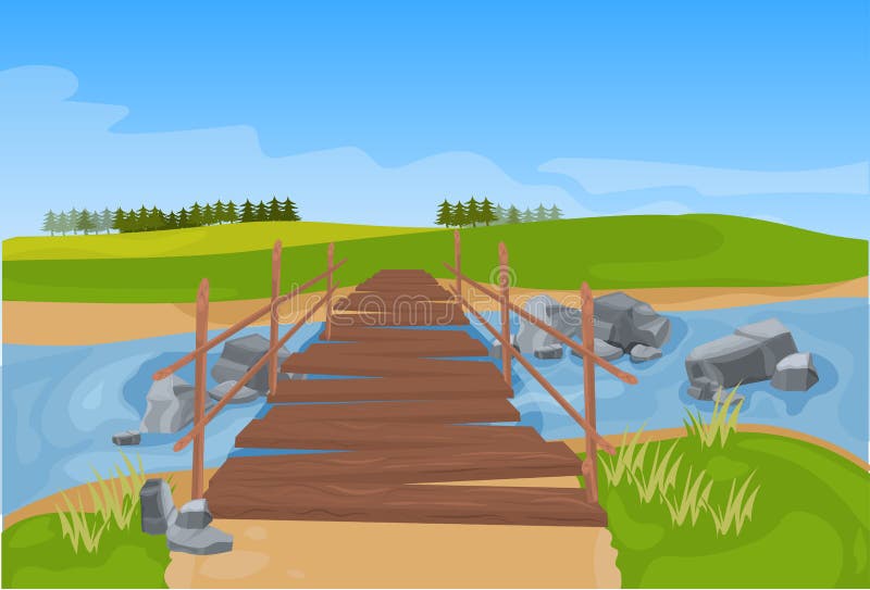 Pont en bois à travers le fond de paysage de montagne de rivière plat illustration de vecteur