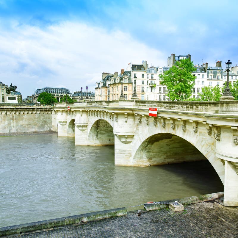 Pont Neuf Bridge and Seine River in Paris, France Stock Image - Image