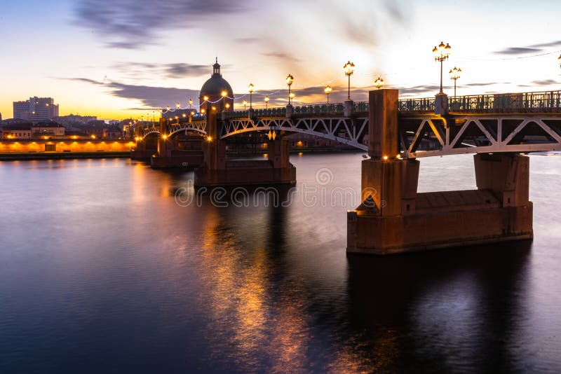 Pont Saint Pierre Bridge at Sunset in Toulouse, France. Stock Photo