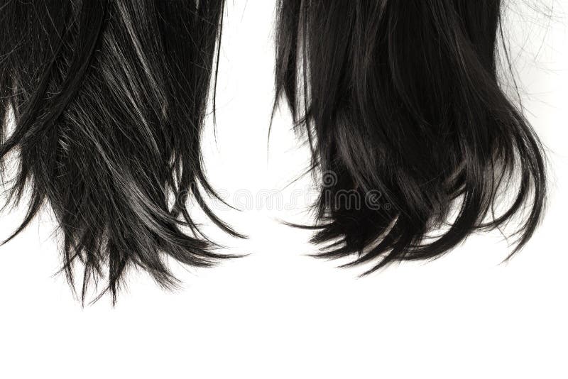 Pontas do cabelo preto isoladas no branco.