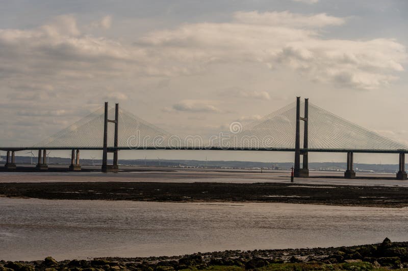 Silhouette of a modern cable-stayed bridge stretching over tranquil waters with exposed tidal flats. Silhouette of a modern cable-stayed bridge stretching over tranquil waters with exposed tidal flats