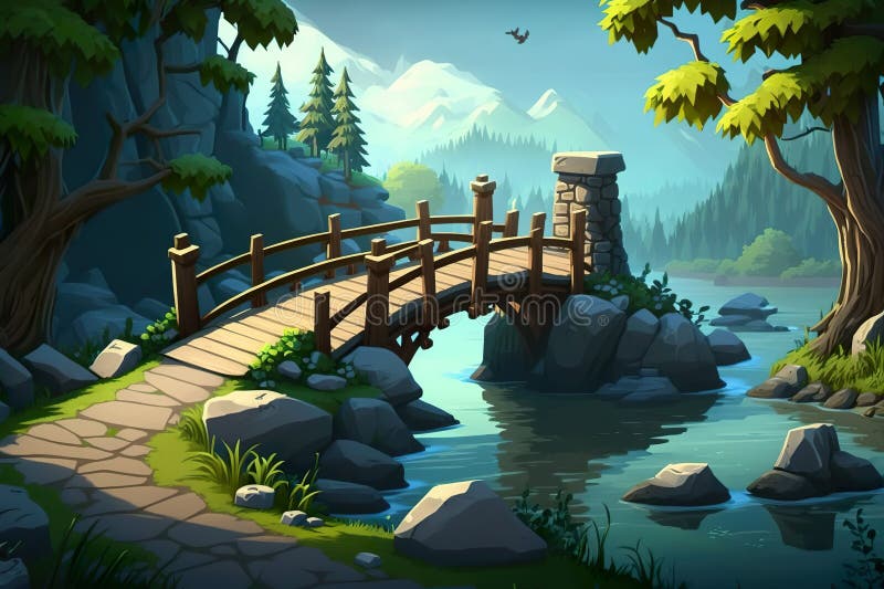 Fundo do jogo 2d, paisagem de uma pequena casa perto do lago