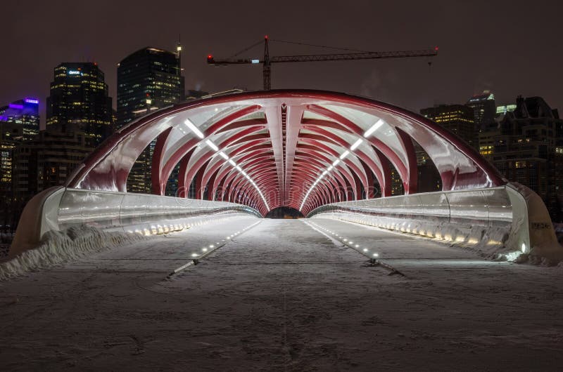 Ponte da paz e skyline de Calgary em uma noite do inverno fotografia de stock royalty free Ponte da paz e skyline de Calgary em uma noite do inverno fotografia de stock royalty free
