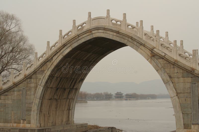 Chinese stone bridge in a garden. Chinese stone bridge in a garden