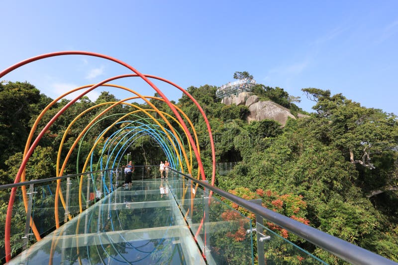 Ponte de vidro 6 de Skywalk na baía Paradise tropical Forest Park de Yalong - a ilha de Hainan fotografia de stock Ponte de vidro 6 de Skywalk na baía Paradise tropical Forest Park de Yalong - a ilha de Hainan fotografia de stock
