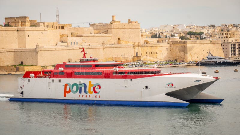 Ponte Ferries fast ferry catamaran entering Valletta Cruise Port, Malta stock images