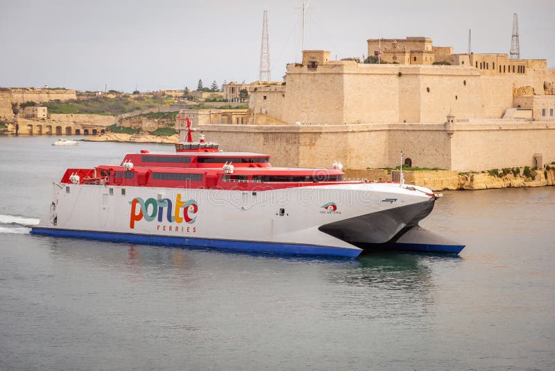 Ponte Ferries fast ferry catamaran entering Valletta Cruise Port, Malta royalty free stock photo
