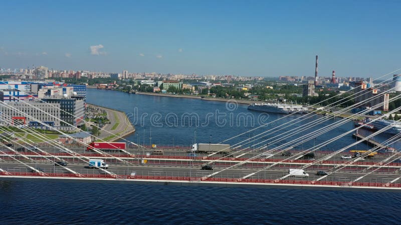 Aerial view of cable-stayed bridge with cars in St.Petersburg. Aerial view of cable-stayed bridge with cars in St.Petersburg