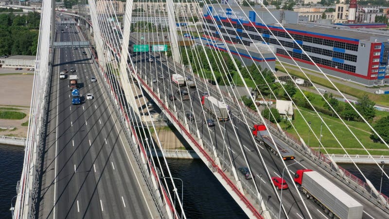 Aerial view of cable-stayed bridge with cars in St.Petersburg. Aerial view of cable-stayed bridge with cars in St.Petersburg