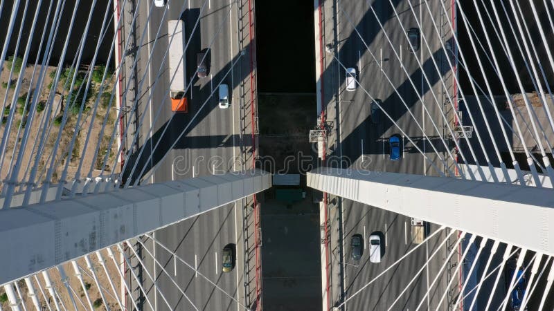 Aerial top view of cable-stayed bridge with cars in St.Petersburg. Aerial top view of cable-stayed bridge with cars in St.Petersburg