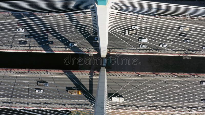 Aerial top view of cable-stayed bridge with cars in St.Petersburg. Aerial top view of cable-stayed bridge with cars in St.Petersburg