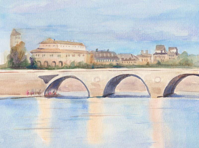 Ponte sul fiume. Ponte sul tiber dipinto in acquerello