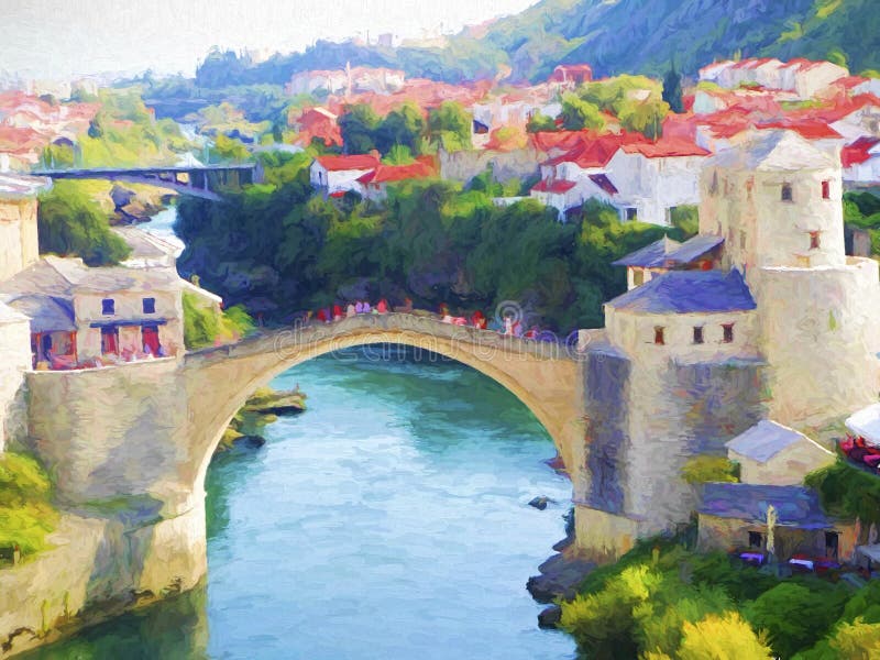 Colorfull oil painting of old bridge in Mostar, Bosnia and Herzegovina. Modern impressionism. Colorfull oil painting of old bridge in Mostar, Bosnia and Herzegovina. Modern impressionism.