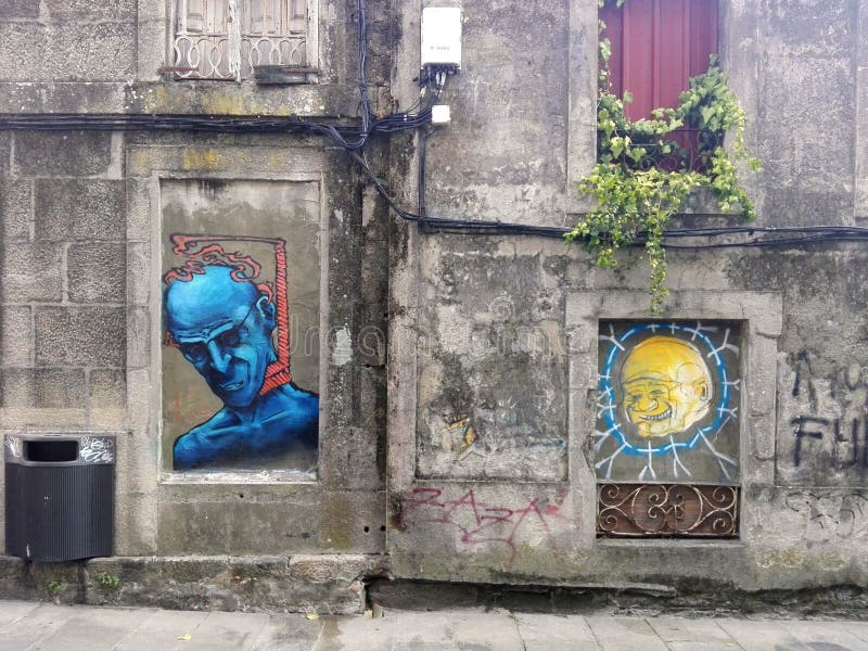 Pontevedra, Spain; 08/09/2018: Old building with grafitti stock photos Pontevedra, Spain; 08/09/2018: Old building with grafitti stock photos
