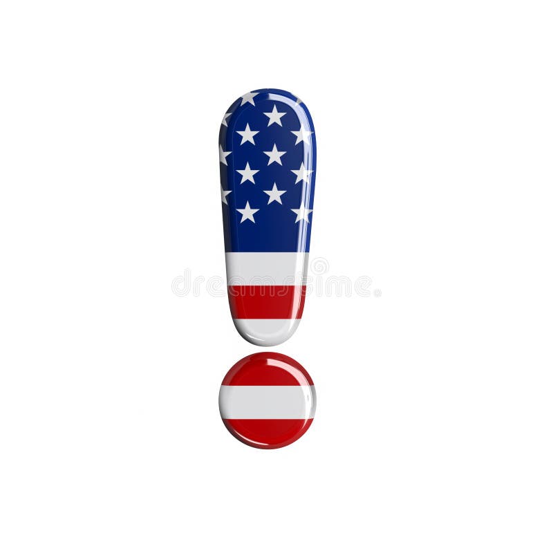 Ponto de exclamação dos EUA - símbolo 3d da bandeira americana - Conceito americano de estilo de vida, política ou economia