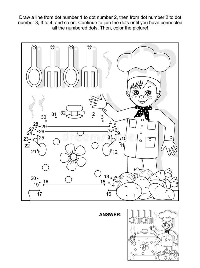 Ponto-à-ponto e página da coloração com cozinheiro chefe novo ilustração stock Ponto-à-ponto e página da coloração com cozinheiro chefe novo ilustração stock