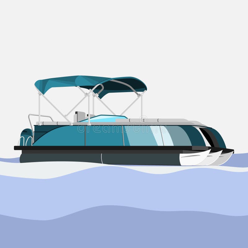 Flat Semi-Oblique Side View Pontoon Boat Vector Illustration