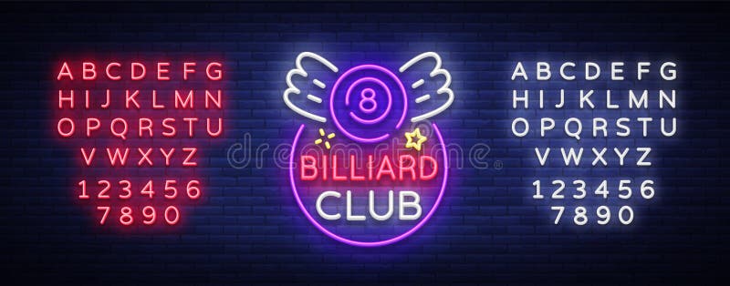 Pool bar logo in neon style. Neon sign design template for Billiard bar, club, beer and billiard light banner, night