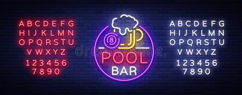 Pool bar logo in neon style. Neon sign design template for Billiard bar, club, beer and billiard light banner, night