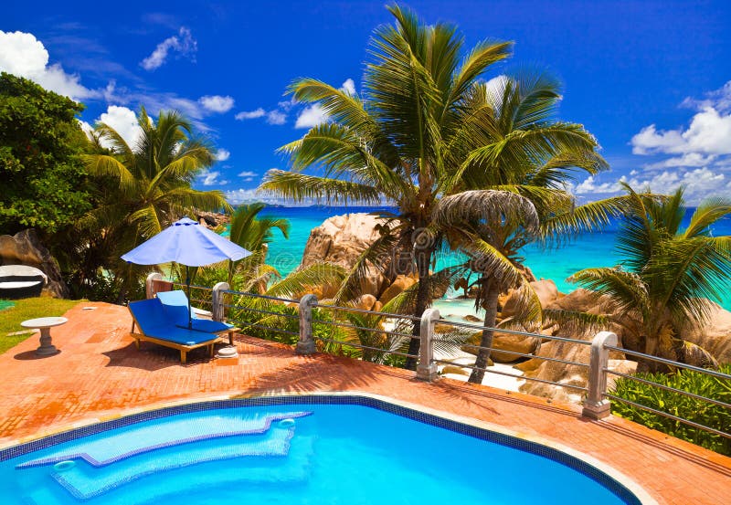 Pool in hotel at tropical beach, Seychelles royalty free stock images Pool in hotel at tropical beach, Seychelles royalty free stock images