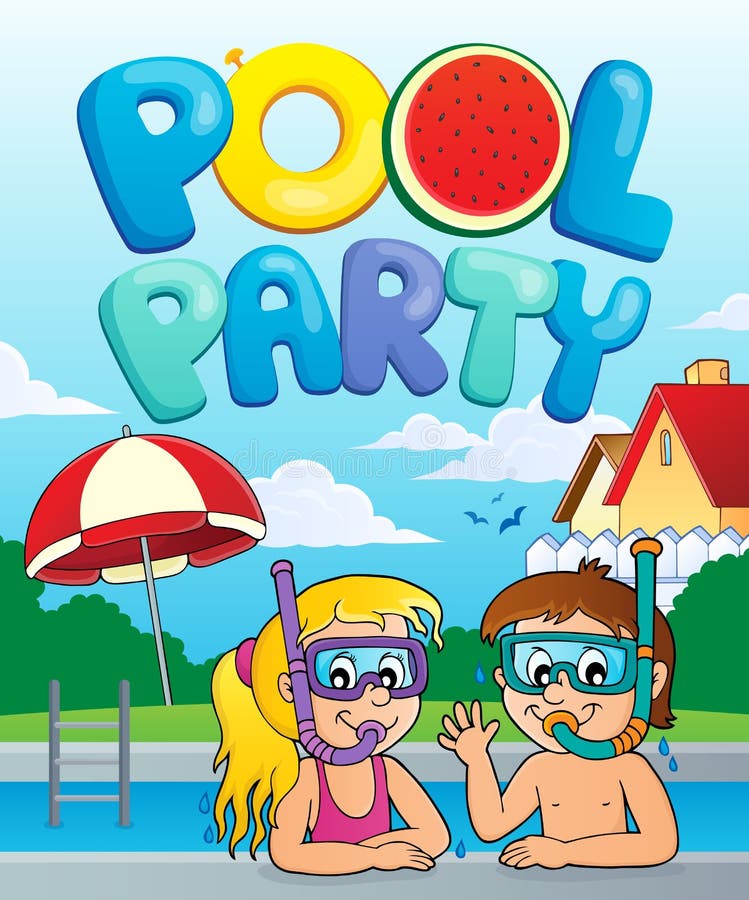 Garden With Pool And Cartoon Kids Stock Vector - Illustration of