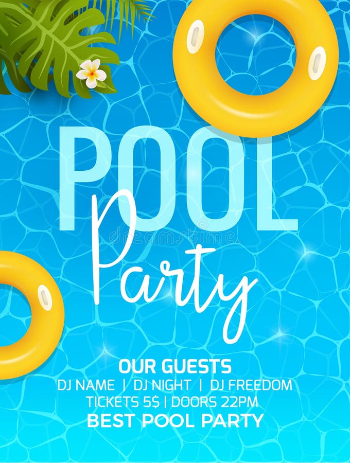Pool summer party invitation template invitation. Pool party invitation with palm. Poster or flyer vector design stock illustration