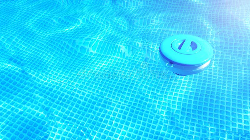 Pool cleaning chemicals background. Floating chlorine  tablet dispenser for pools lies in water. Pool cleaning chemicals background. Floating chlorine  tablet dispenser for pools lies in water.
