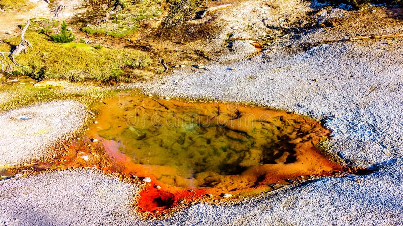 Pools van warm water in het bekken van de schilderpot van de kunstenaar in het Yellowstone National Park in Wyoming, VS stock foto's Pools van warm water in het bekken van de schilderpot van de kunstenaar in het Yellowstone National Park in Wyoming, VS stock foto's