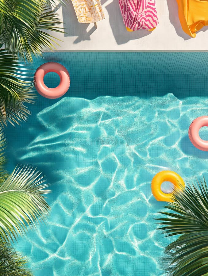 Poolside însorit cu inele gonflabile și prosoape în mediul tropical stock photo