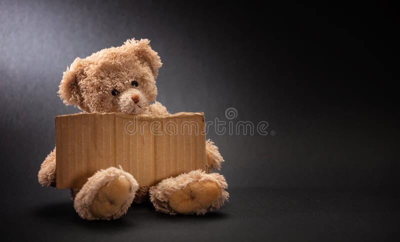 Poor homeless child begging. Teddy bear sad, holding a blank cardboard sign royalty free stock images Poor homeless child begging. Teddy bear sad, holding a blank cardboard sign royalty free stock images