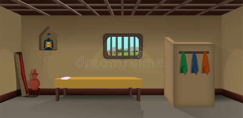 Village room inside vector, poor mud house room interior cartoon background illustrations.