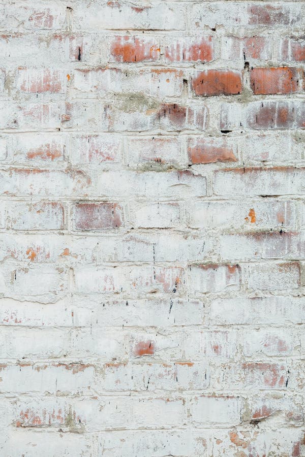 Poorly Painted Wall of Damaged Red Brick with White Paint, Texture