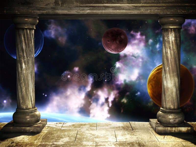 Frame with two medieval columns and space scene. Frame with two medieval columns and space scene