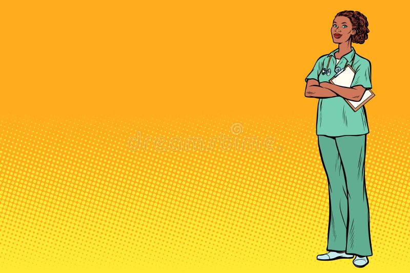 Pop art African nurse. Medicine and health