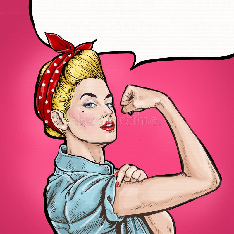 Pop art background. We Can Do It. Iconic woman s fist/symbol of female power and industry. Advertising.Pop art girl.